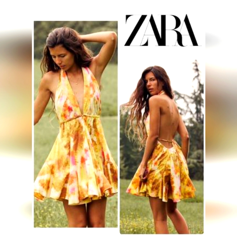 ZARA PRINTED SHORT DRESS 4786/249 Small MULTICOLORED Mini Yellow NWT